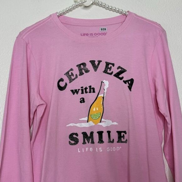 Life is Good Shirt Sz Small Crusher Lite Cerveza With Smile Long Sleeve Crewneck - Picture 1 of 9